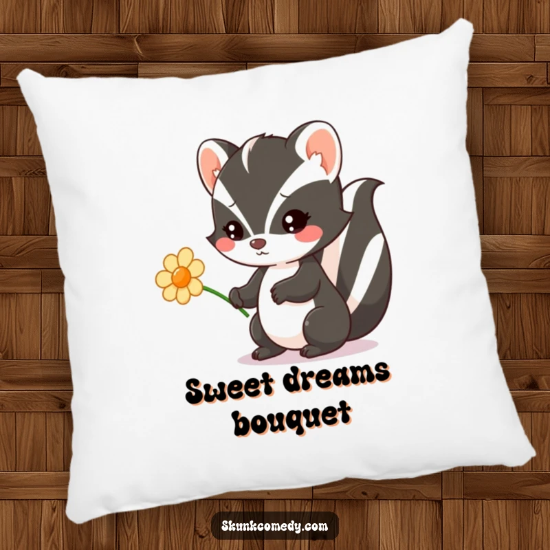 Funny Kawaii Skunk pillow featuring a skunk sweetly offering a flower, adding adorable comfort and charm to any space.