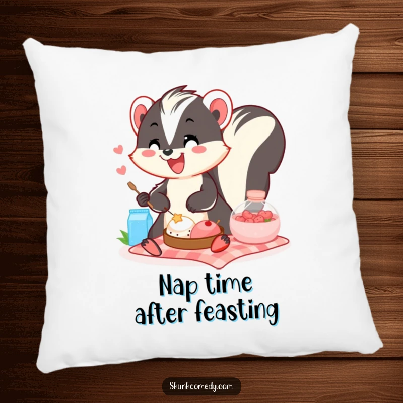 Funny skunk picnic pillow with a smiling skunk relaxing at a picnic, offering comfort and humor.