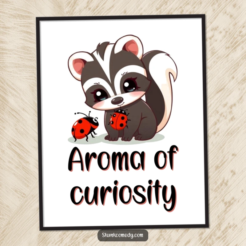 Funny skunk with twinkling eyes curiously observes a ladybug, printable digital art, cute animal illustration, whimsical decor.