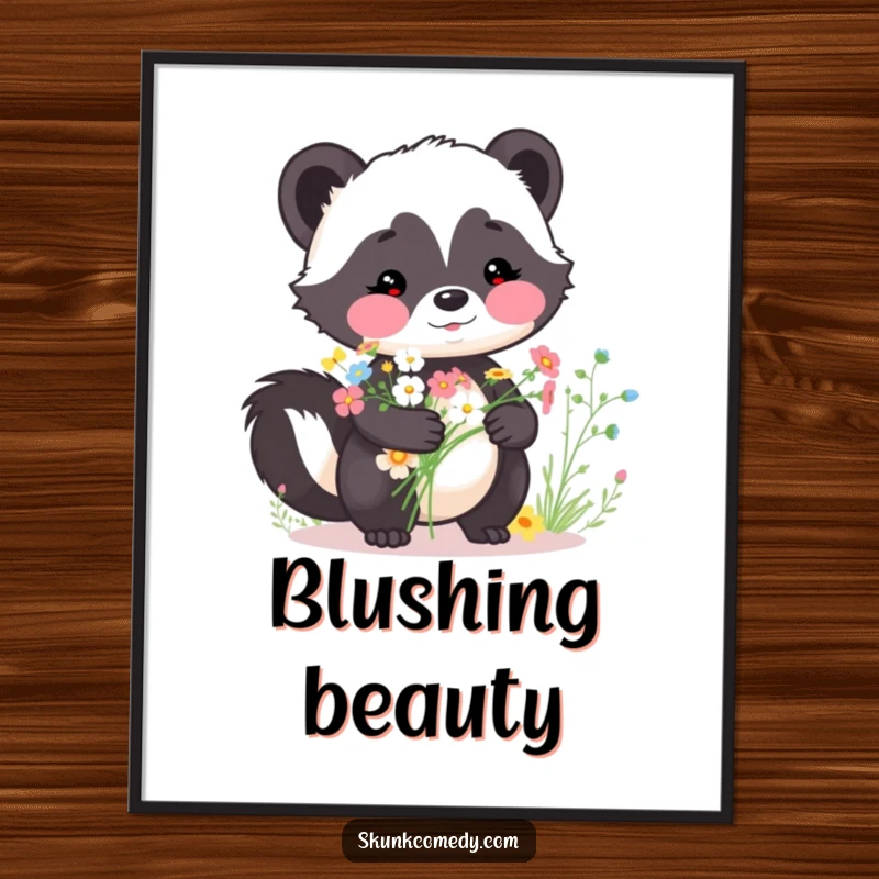 Funny skunk digital art print, rosy cheeks, holding a bouquet of wildflowers, charming wall decor, a perfect funny gift.