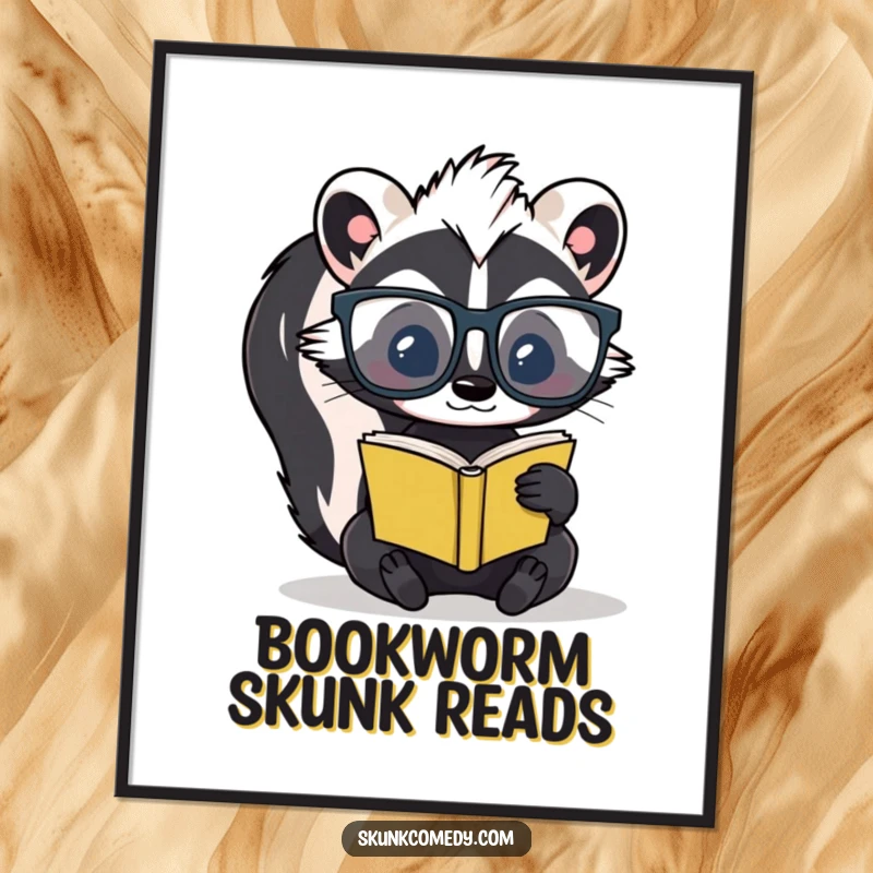 High-resolution digital art print of a funny skunk wearing oversized glasses and reading a tiny book, ready for display.