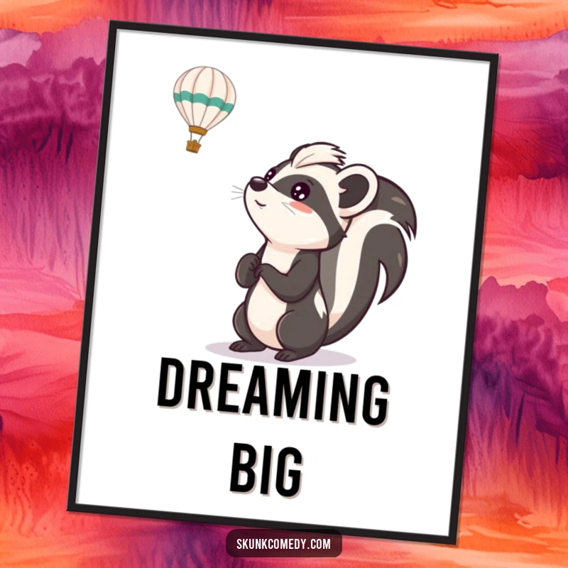 Funny skunk digital art print of a skunk looking up with excitement at a hot air balloon, perfect for inspirational and humorous decor.