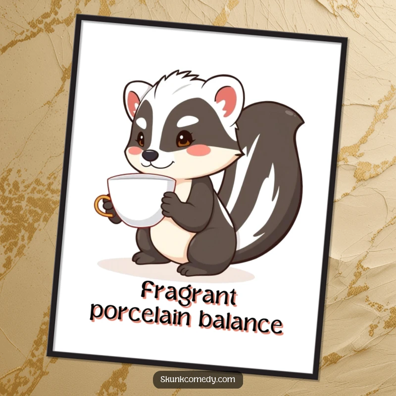 Funny skunk digital art print of a skunk performing a comical teacup balancing act, ready to be framed.