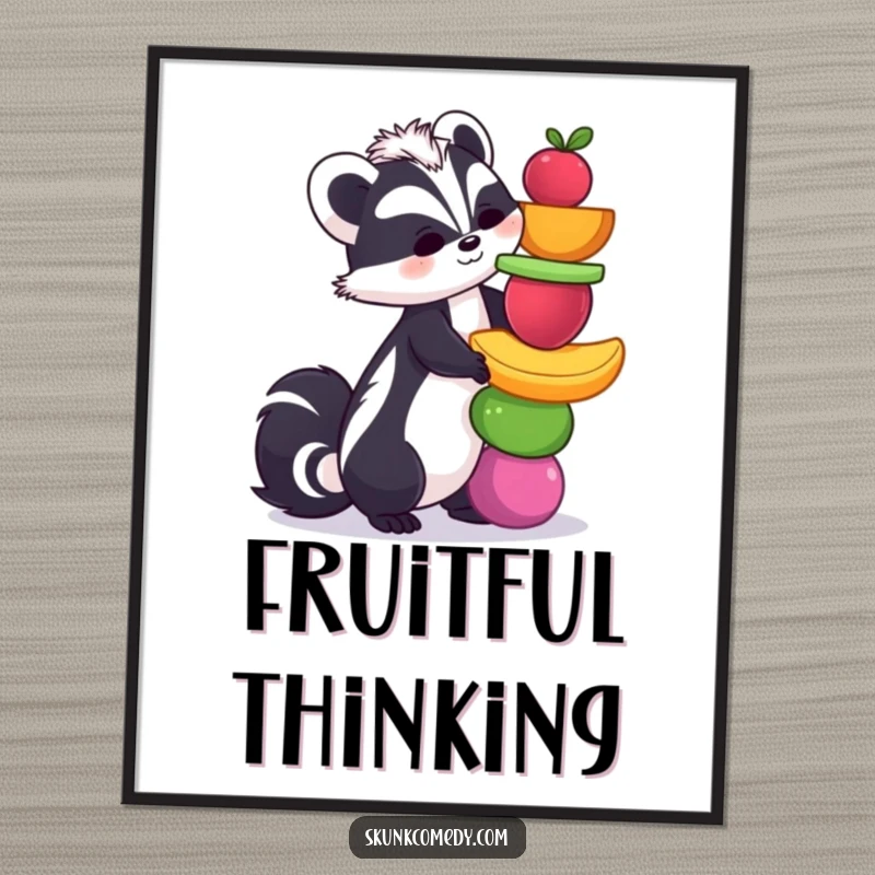 Funny skunk digital art print of a skunk balancing a tower of colorful fruits, perfect for humorous and vibrant home decor.