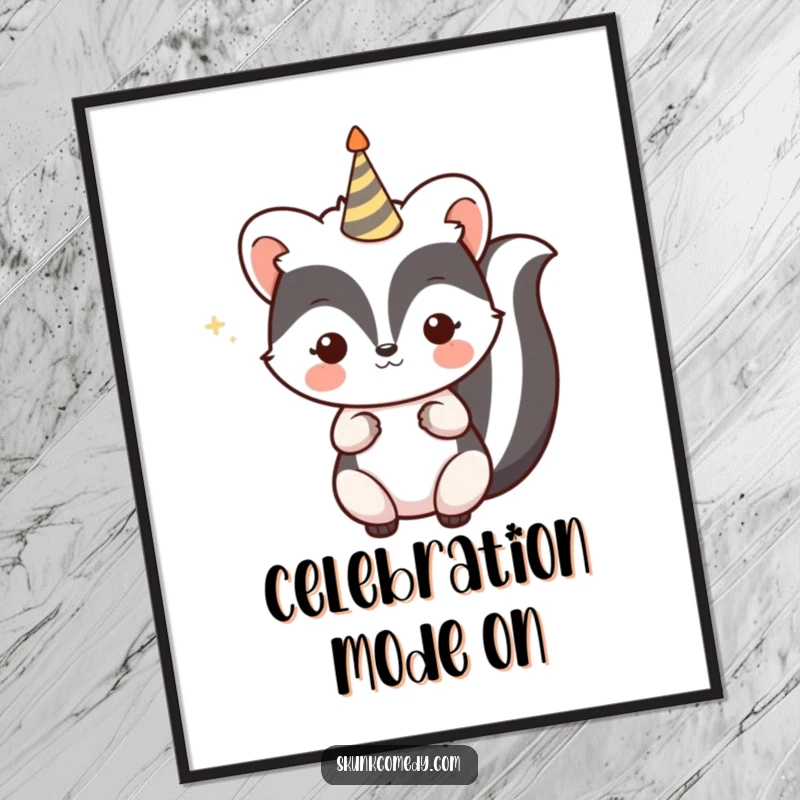 Funny Kawaii Skunk Digital Art Print of a skunk with a celebratory party horn, bringing festive cheer for instant decor as a gift.