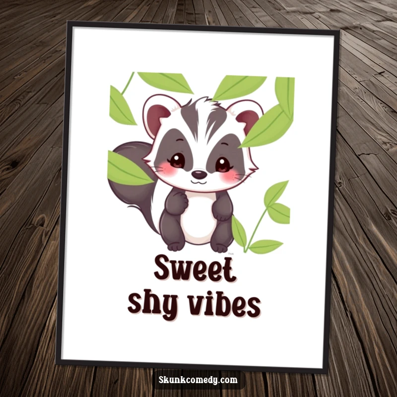 Funny Kawaii skunk digital art print of a shy skunk smiling sweetly while peeking from behind leaves.