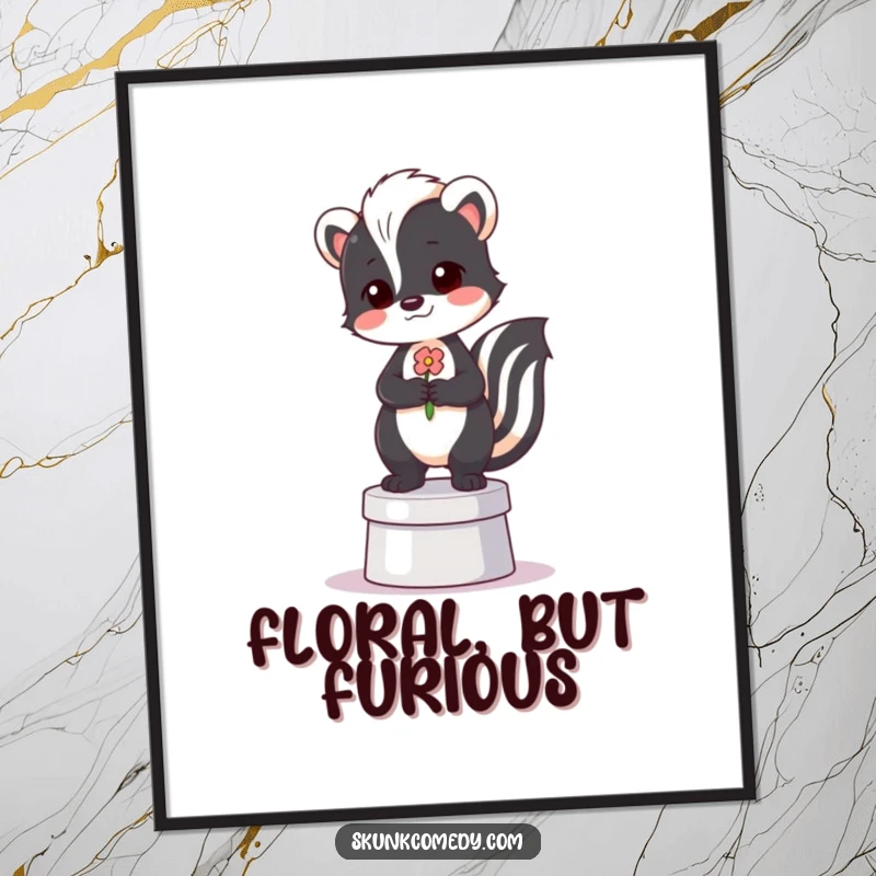 Funny digital art print of a proud skunk standing on a small pedestal, holding a flower.
