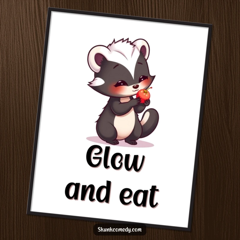 Funny digital art print of a shy skunk offering a small, softly glowing berry with a timid smile.