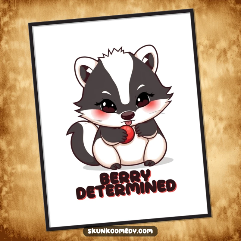 Funny skunk digital art print, determined expression, rolling a small berry, motivational wall decor, a perfect funny gift.