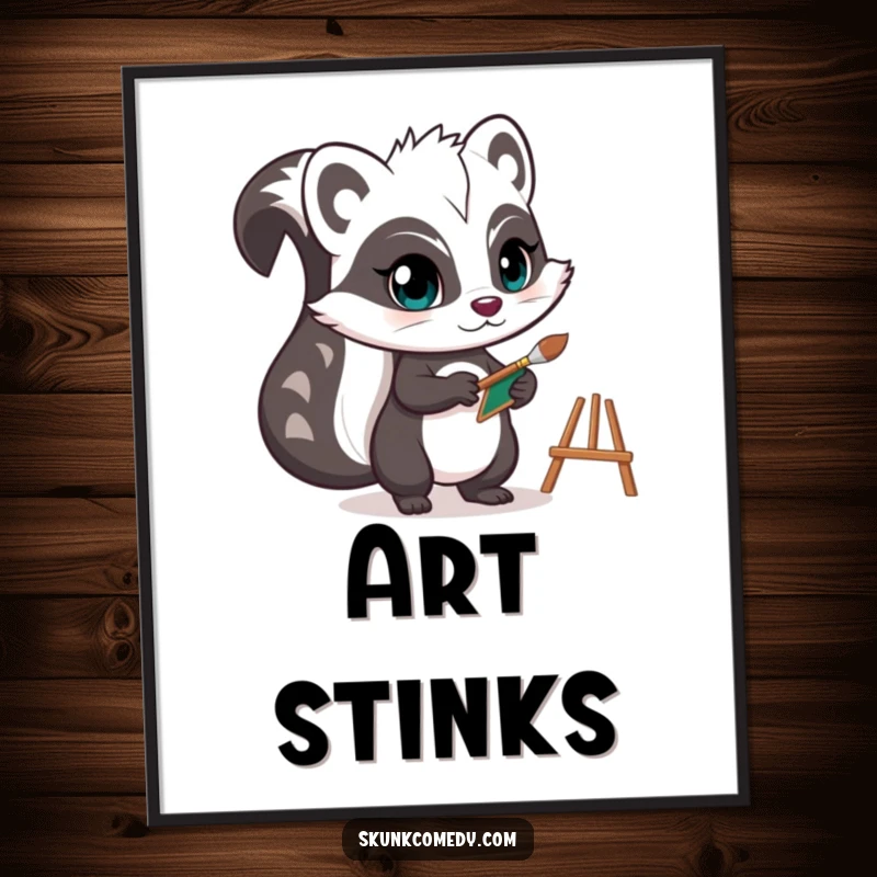 Funny skunk digital art print of a determined artist skunk holding a tiny paintbrush and easel, capturing creative focus and artistic dedication.
