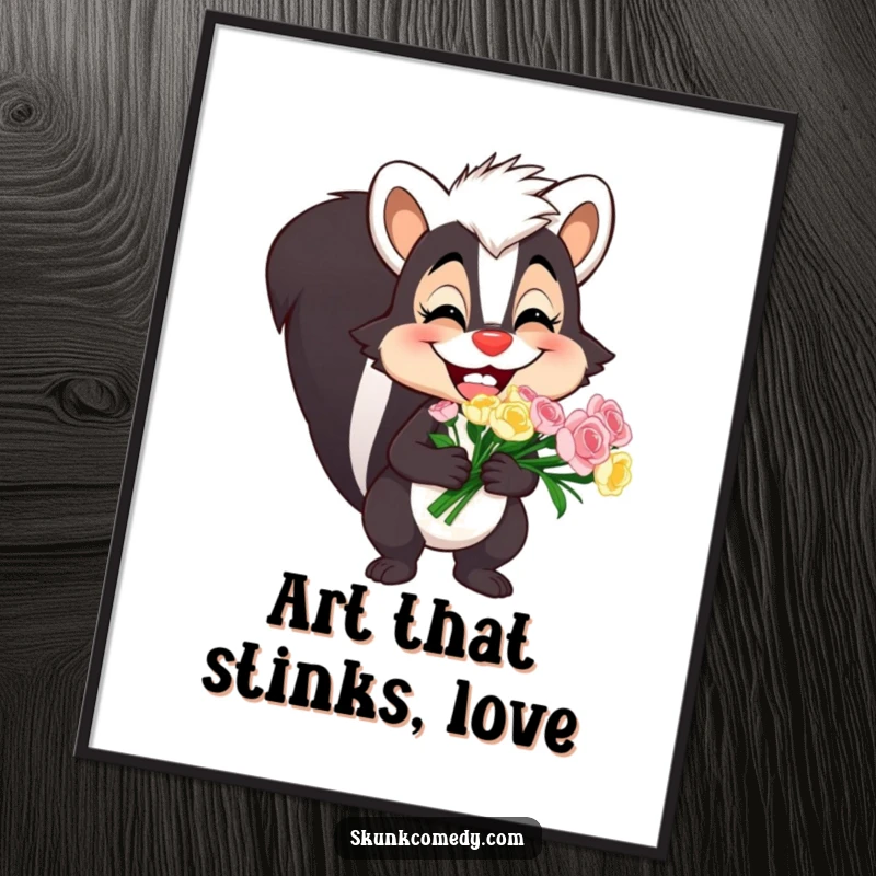 Funny skunk digital art print of a skunk with a huge goofy grin holding a lovely bouquet, ready to download.