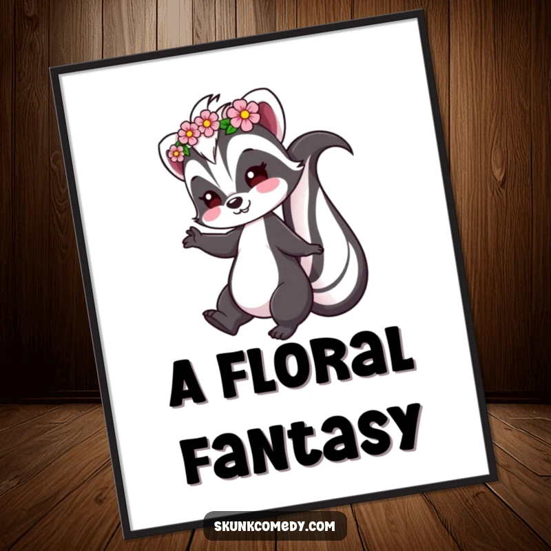 Funny Skunk Digital Art Print of a skunk wearing a flower crown and playfully twirling, embodying whimsical charm.