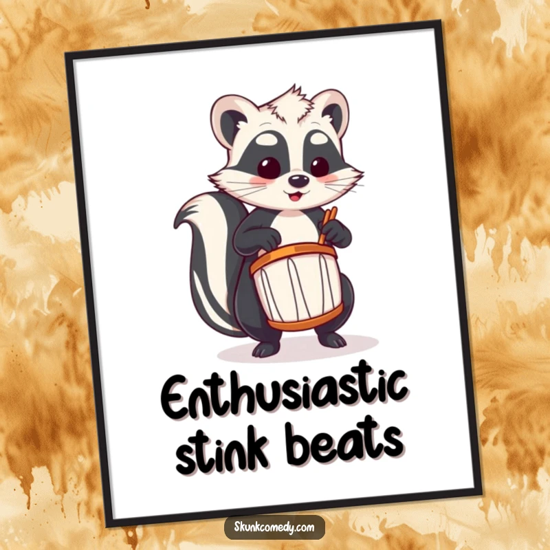 Funny skunk digital art print of a skunk energetically playing a tiny drum, ready to hang.