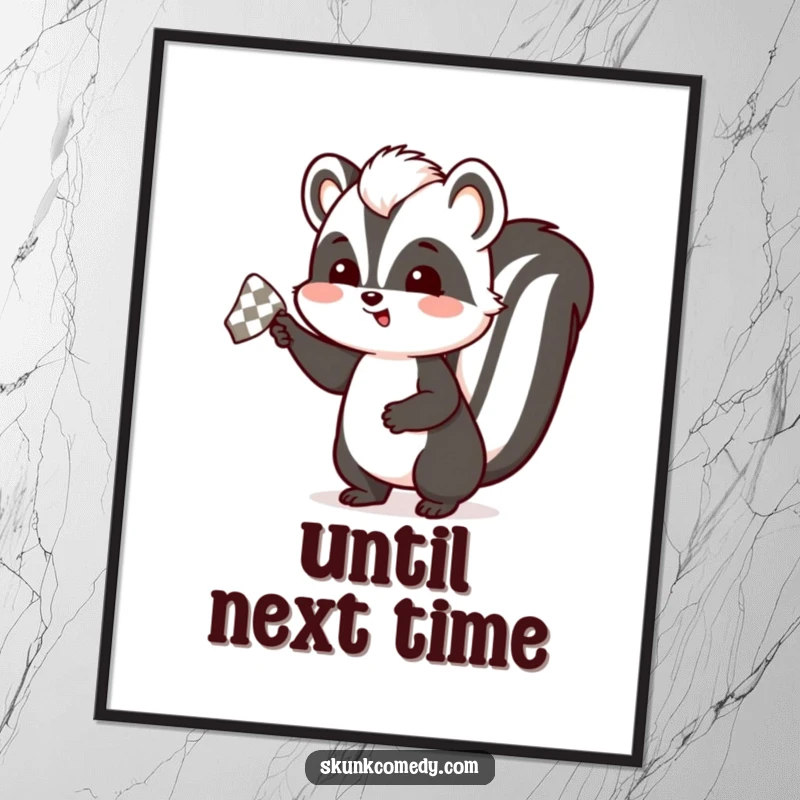Funny skunk digital art print of a skunk enthusiastically waving a checkered handkerchief, perfect for cheerful and humorous decor celebrating farewells.
