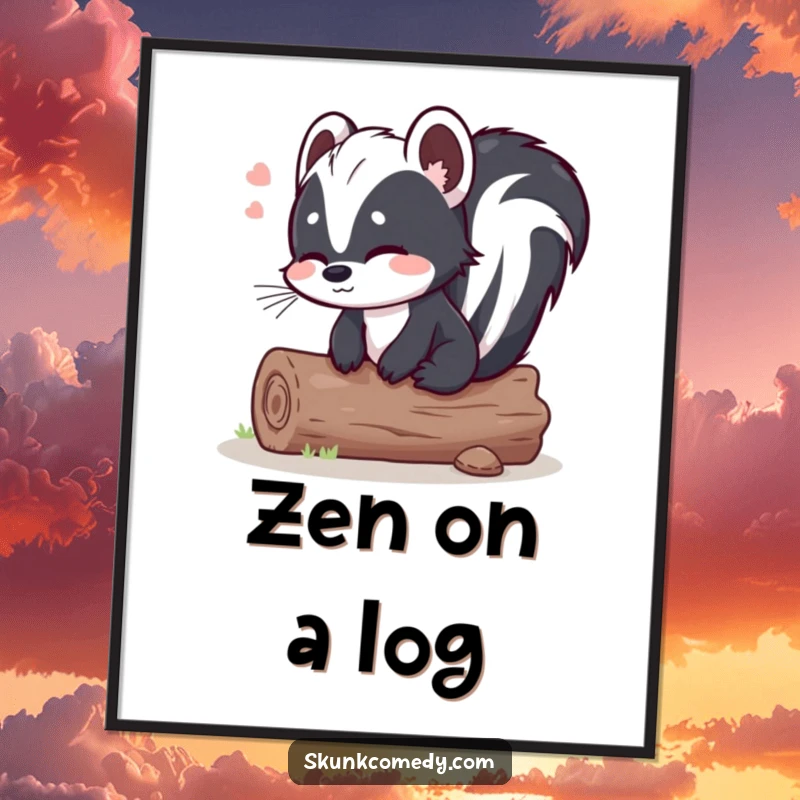 Funny skunk log digital art, a skunk sits on a comfortable log with a relieved sigh, printable artwork with humorous relaxation.