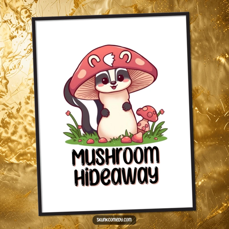 Funny skunk peeking from behind a giant mushroom, printable digital art, cute woodland illustration, whimsical decor.