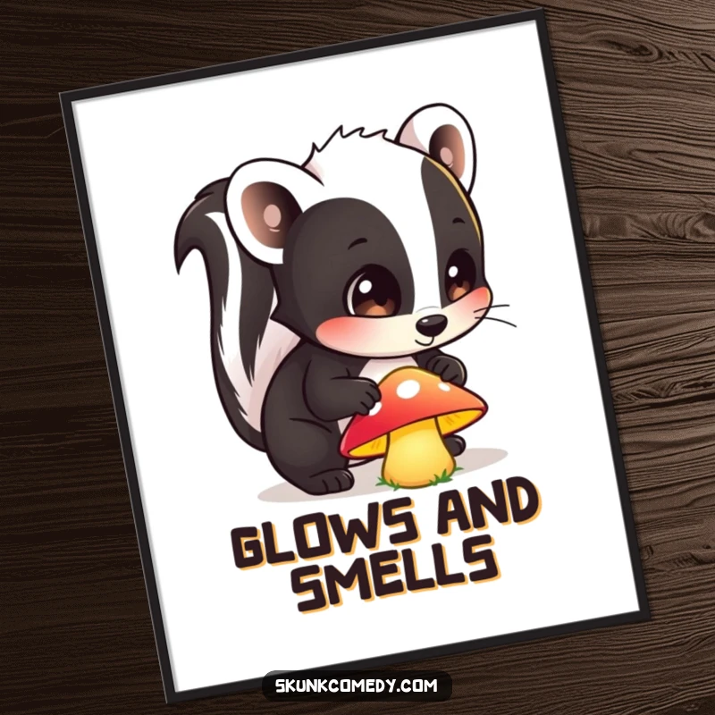 Funny digital art print of a wide-eyed skunk curiously sniffing a glowing mushroom, perfect for printing and display.