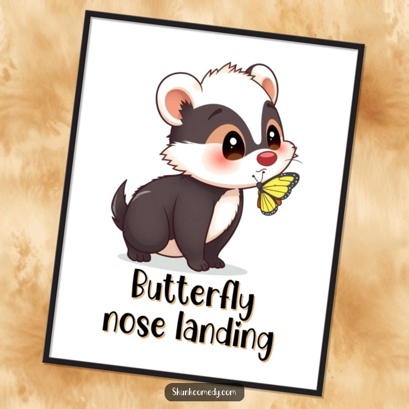 High-resolution digital art print of a funny skunk with a surprised expression as a butterfly lands on its nose, ready for display.