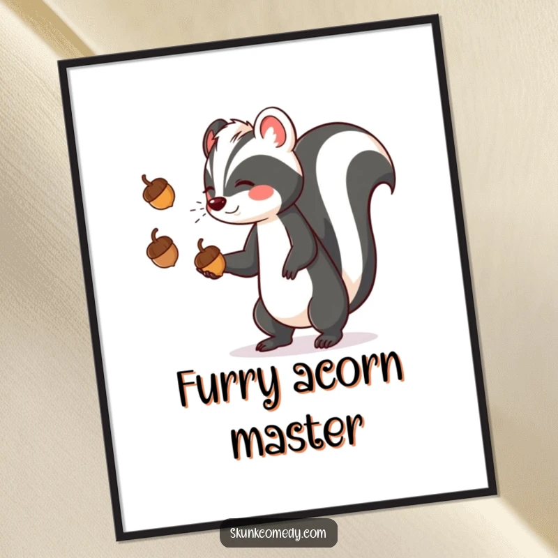 High-resolution digital art print of a funny skunk skillfully juggling three acorns, ready to be displayed.