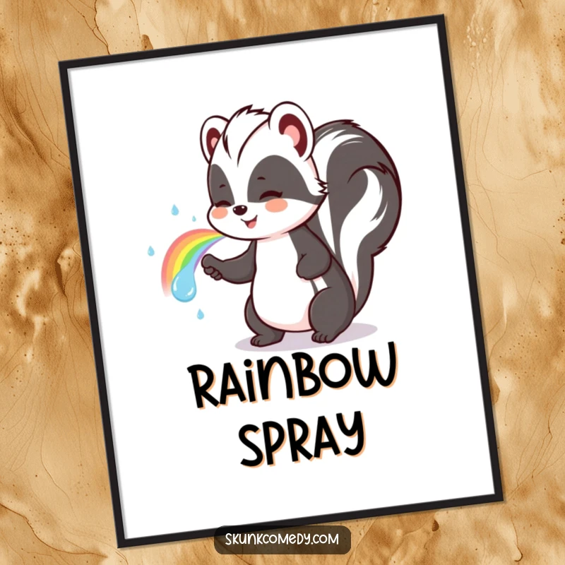 Funny skunk digital art print of a cute skunk happily spraying a magnificent rainbow.