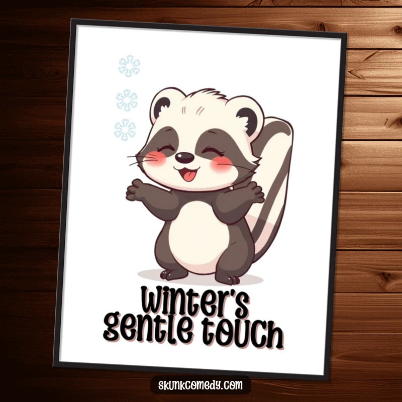 Funny skunk catching a snowflake with outstretched paws, printable digital art, cute winter illustration, heartwarming decor.