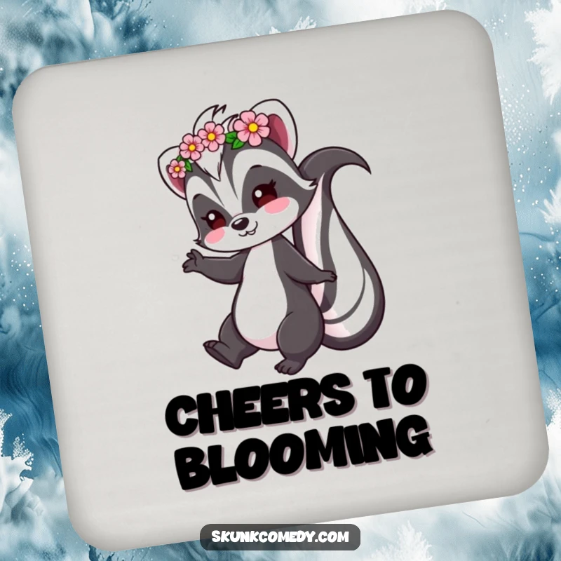 Funny Skunk Drink Coaster featuring a skunk with a flower crown, playfully twirling, protecting surfaces.