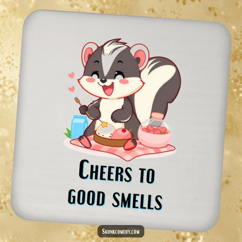 Funny skunk picnic drink coaster featuring a smiling skunk with food, protecting surfaces with a touch of humor.