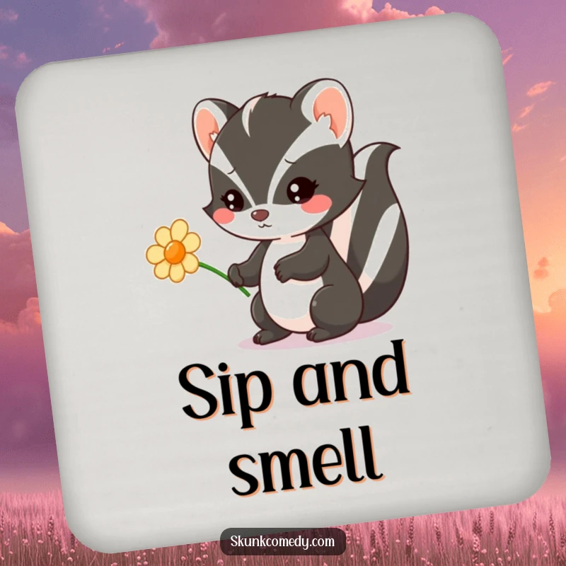 Funny Kawaii Skunk coaster with a skunk charmingly offering a flower, perfect for adding sweet humor and adorable charm to any table.