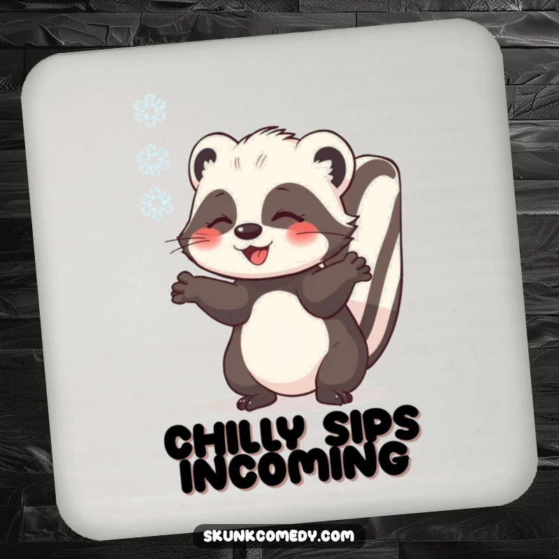 Funny skunk catching a snowflake with outstretched paws, set of coasters, cute winter protector, humorous home accessory.