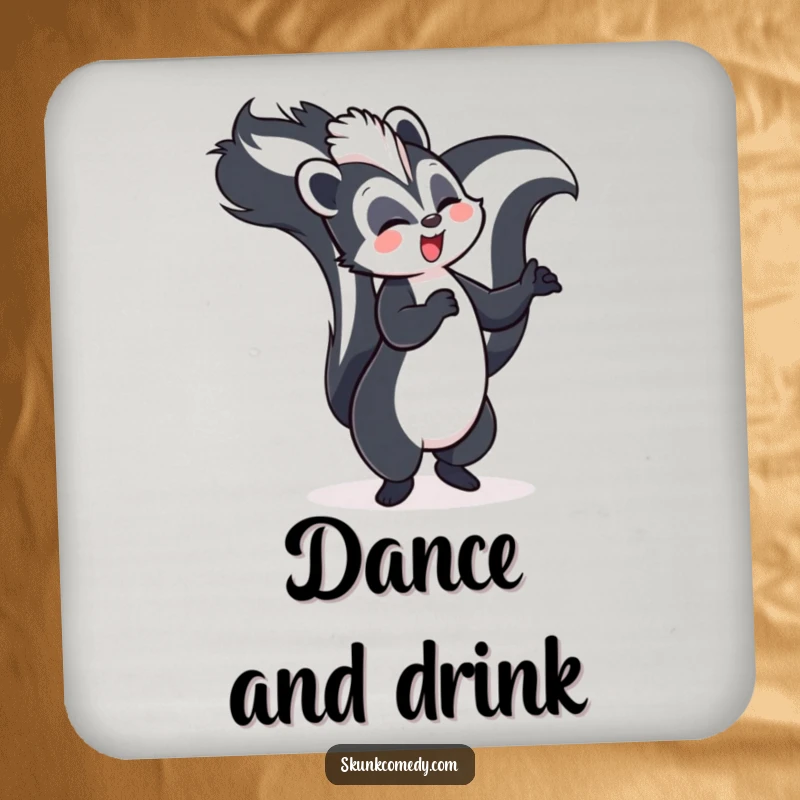 Funny skunk coasters, joyfully dancing with its tail held high, protecting surfaces with humorous art.