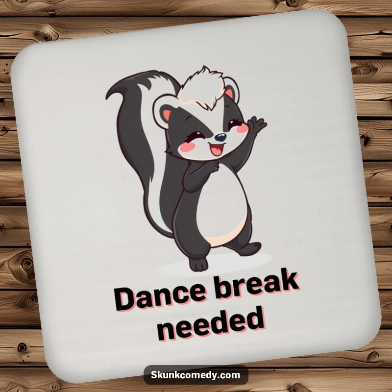 Funny skunk doing a joyful dance with its tail high on protective drink coasters, bringing festive fun to any table.