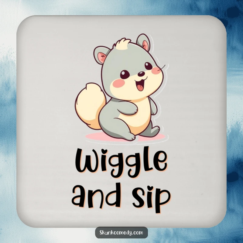 Funny drink coaster with a creature wiggling its fluffy tail in pure delight, protecting furniture with a cheerful and playful design.