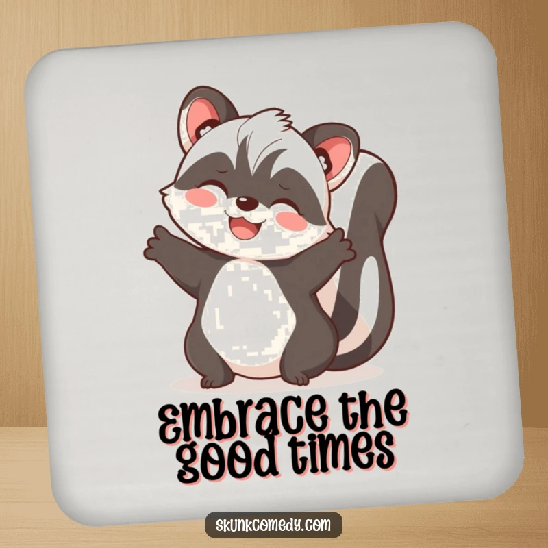 Funny skunk drink coaster with paws spread wide, ready to give a joyful embrace and protect surfaces.