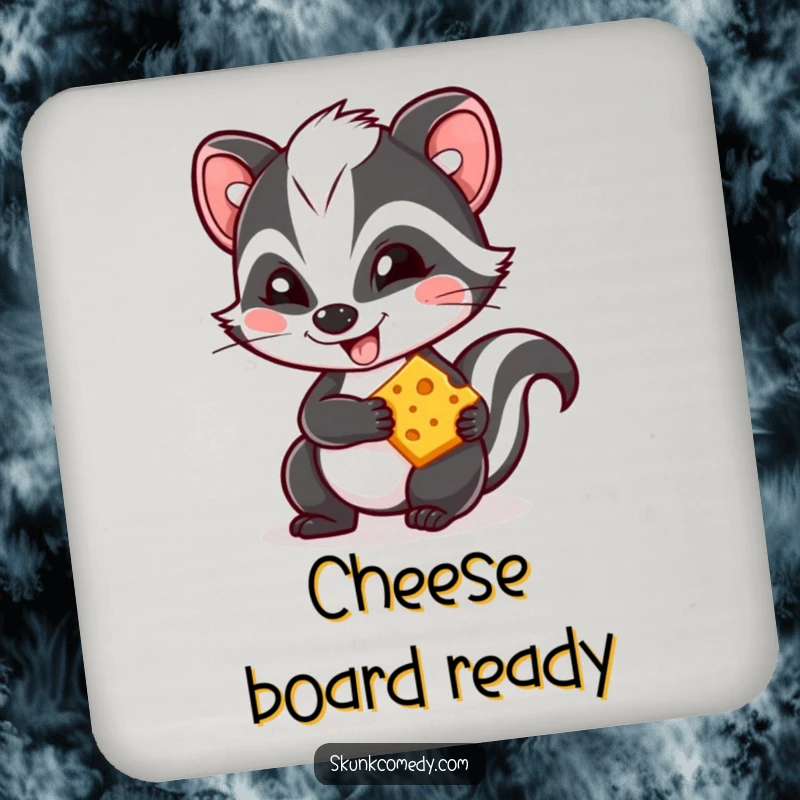Funny Kawaii skunk coaster, a mischievous skunk with a grin holding cheese, protecting tables with cute charm.