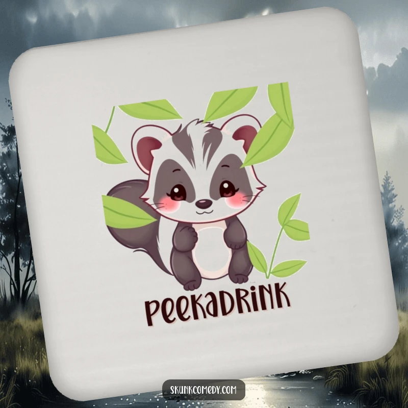 Funny Kawaii skunk coaster depicting a shy skunk peeking from behind leaves, adding a touch of sweet humor.
