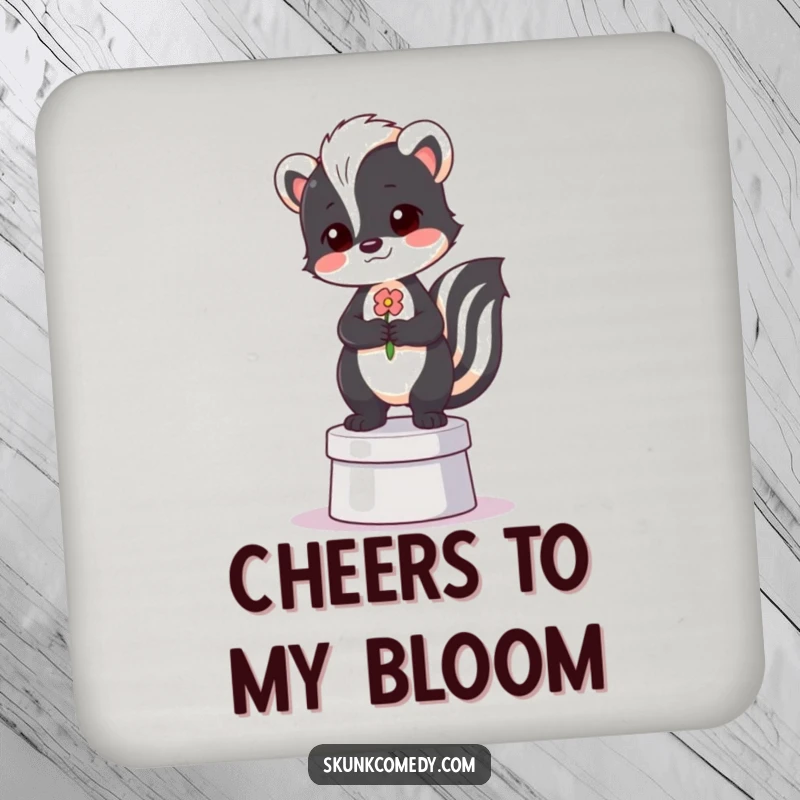 Funny drink coaster depicting a proud skunk standing on a miniature pedestal, holding a flower.