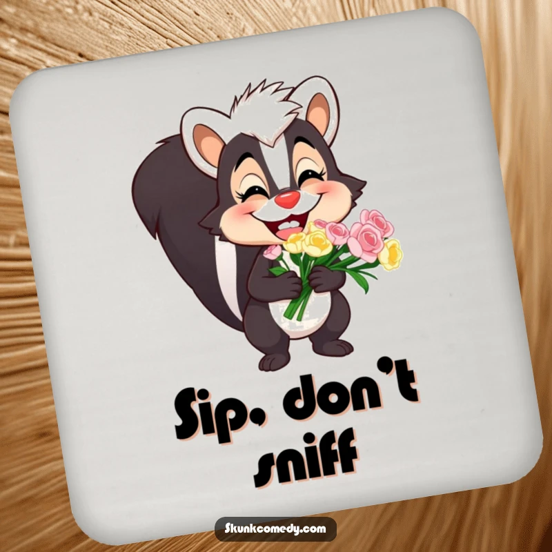 Funny skunk drink coaster with a happy goofy grin and a bouquet, safeguarding tables with humor.