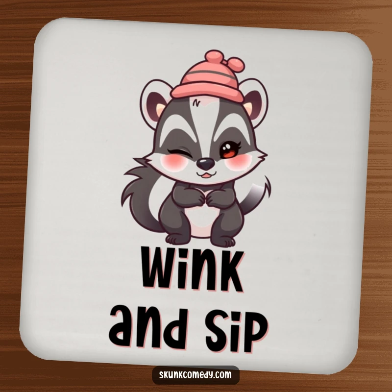 Funny skunk coasters, wearing a tiny hat, winking mischievously, protecting surfaces with humorous art.