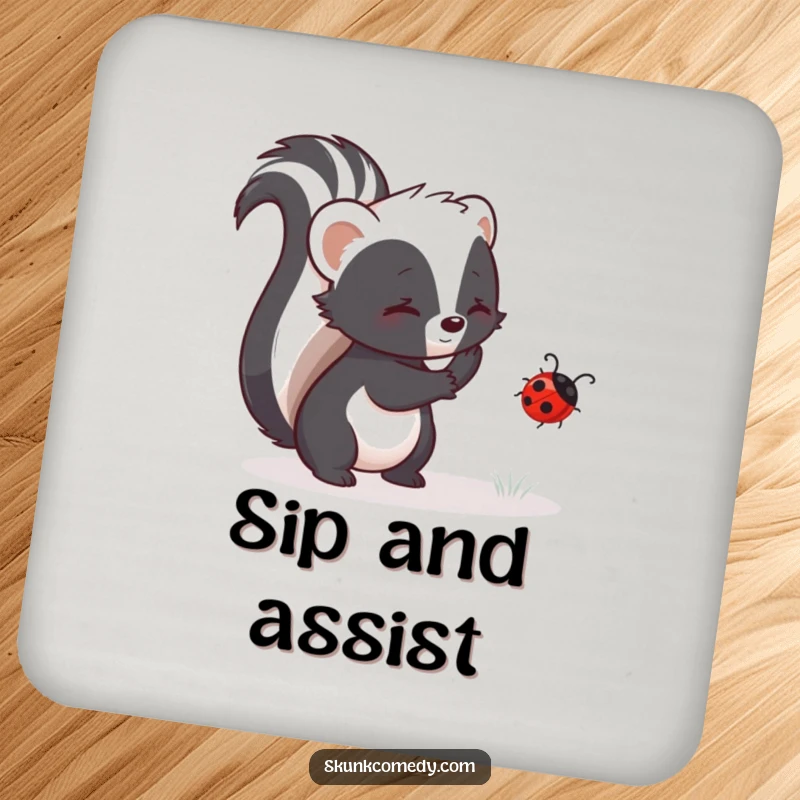 Funny skunk drink coaster with a skunk helping a ladybug, protecting surfaces with a charming message.