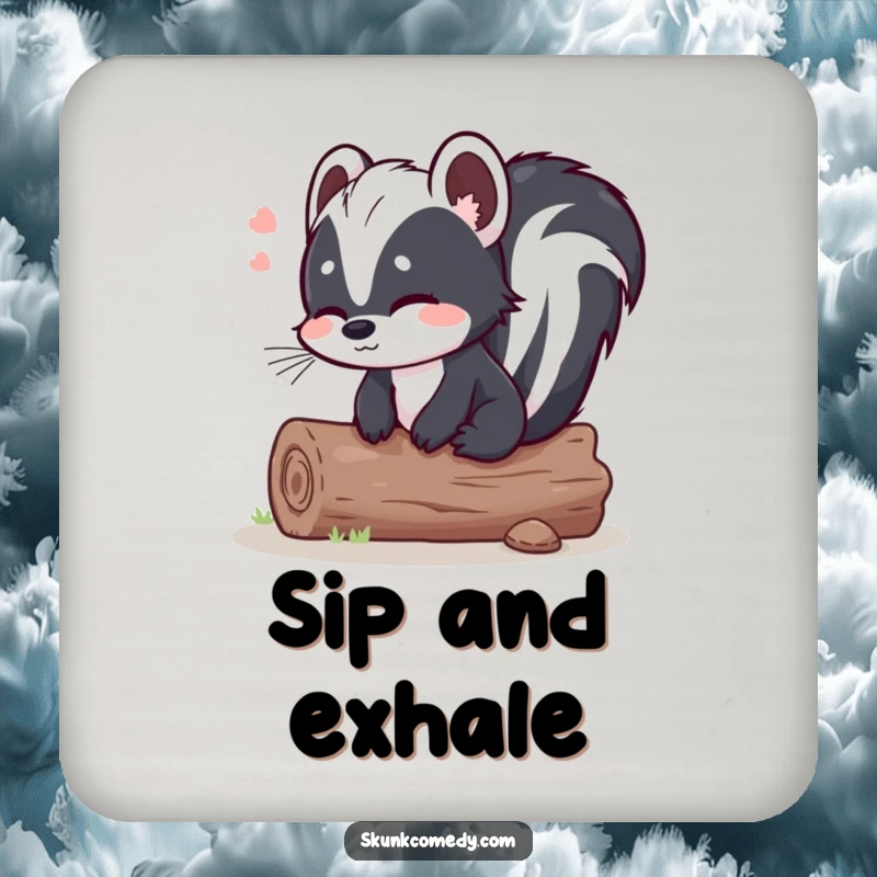 Funny skunk log coaster, a skunk sits on a comfortable log with a relieved sigh, protects surfaces with humorous relaxation.