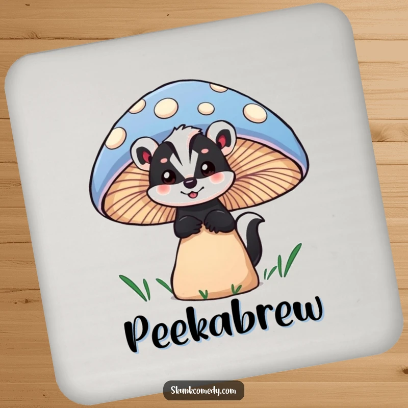 Funny skunk drink coaster with a skunk peeking curiously from behind a large, colorful mushroom, offering surface protection with charm.