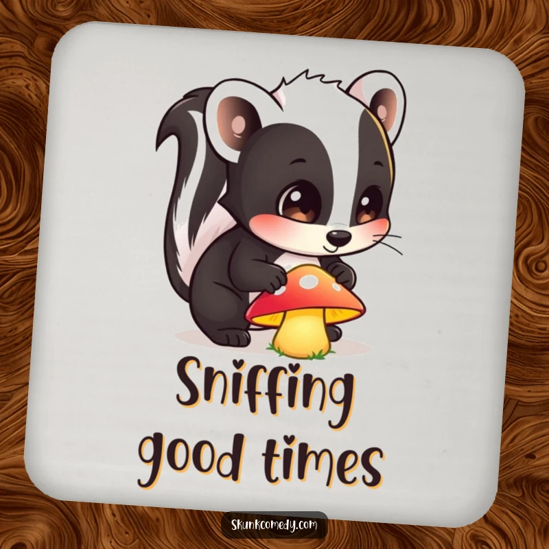 Funny drink coasters featuring a curious skunk with wide eyes sniffing a glowing mushroom, adding forest magic and surface protection.