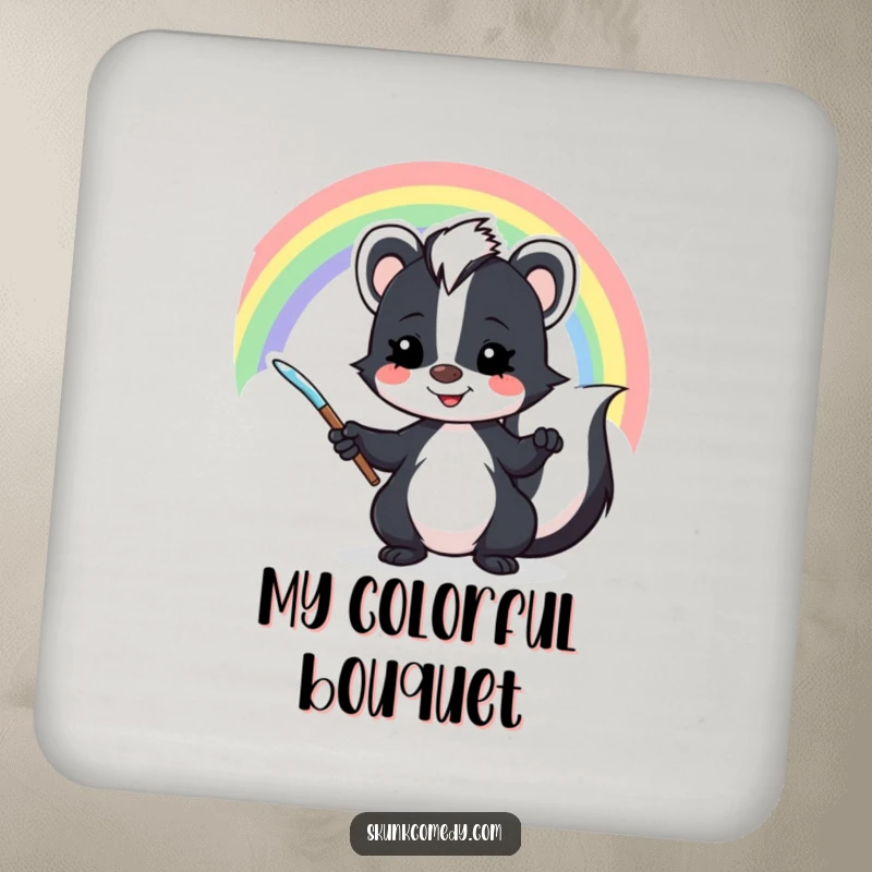 Funny skunk drink coaster with a mischievous skunk painting a vibrant rainbow, protecting furniture with artistic charm.