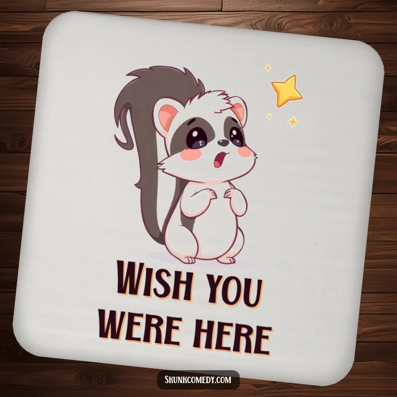 Funny surprised skunk looking at a falling star, featuring whimsical humor on these protective drink coasters.