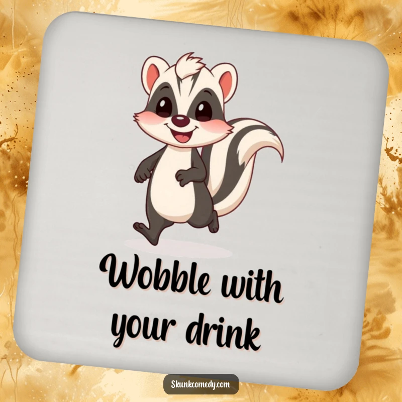 Funny skunk drink coaster with a skunk doing a funny, wobbly walk and a happy bounce, protecting surfaces.
