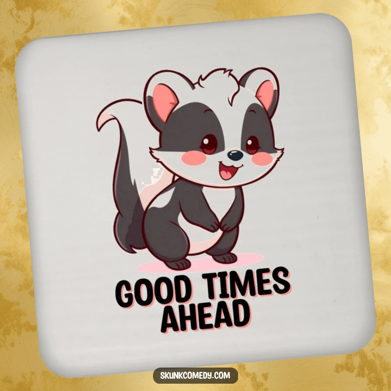 Funny Kawaii Skunk Coaster with a cheerful skunk and a happy tail wag, protecting surfaces with pure joy, a cute gift.