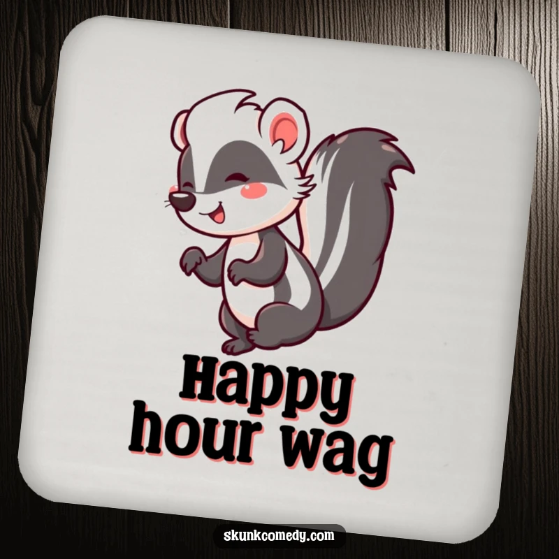 Funny drink coasters featuring a happy skunk performing a lively jig with its tail held high, adding charm and surface protection.