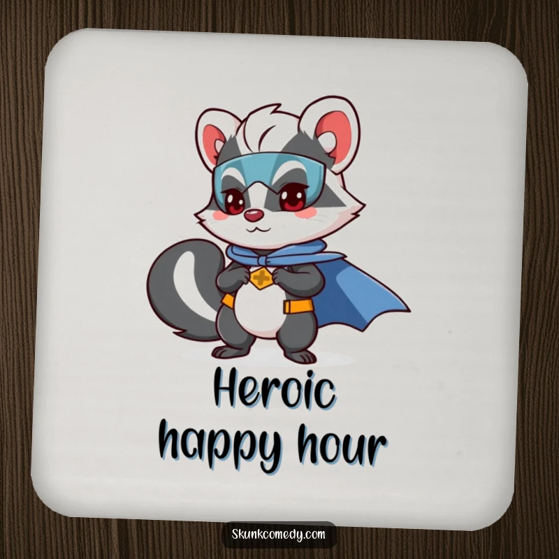 Funny skunk coaster featuring a skunk as a superhero with a cape, protecting surfaces with style.