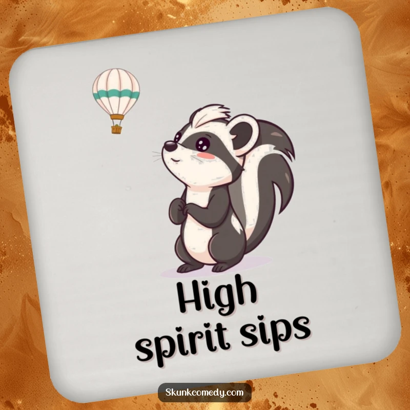 Funny skunk coasters (set of 4) illustrating a skunk looking up with excitement at a hot air balloon, adding whimsical humor to tables.