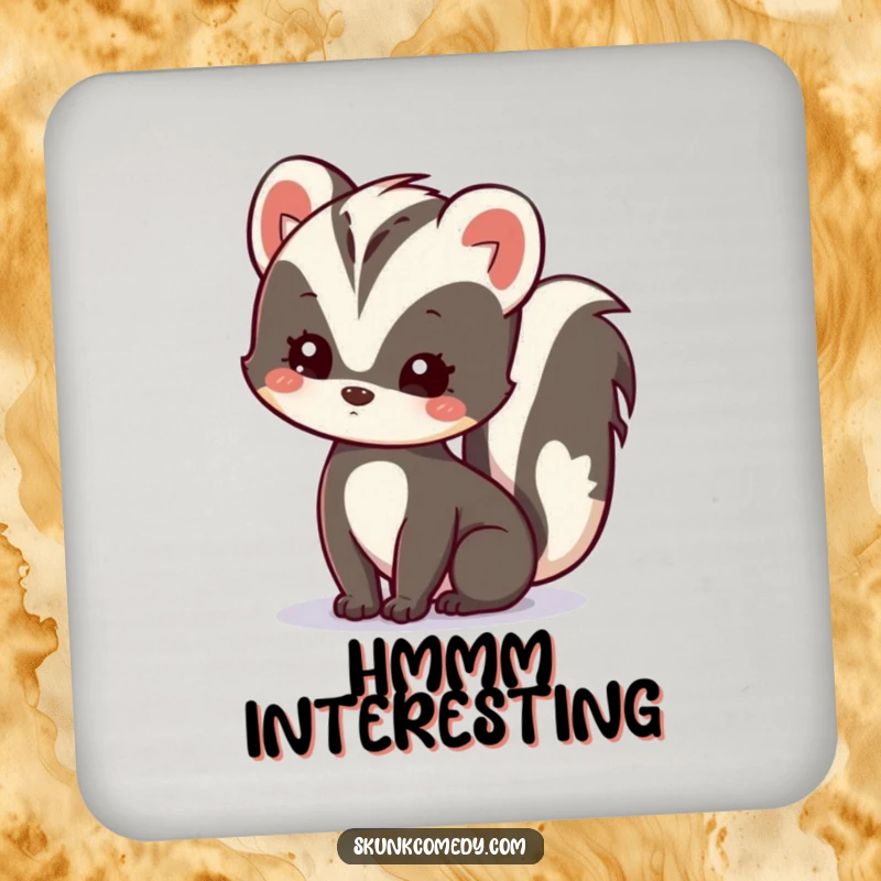 Funny Kawaii Skunk Coaster featuring a skunk tilting its head, showing gentle curiosity and protecting surfaces, a cute gift.